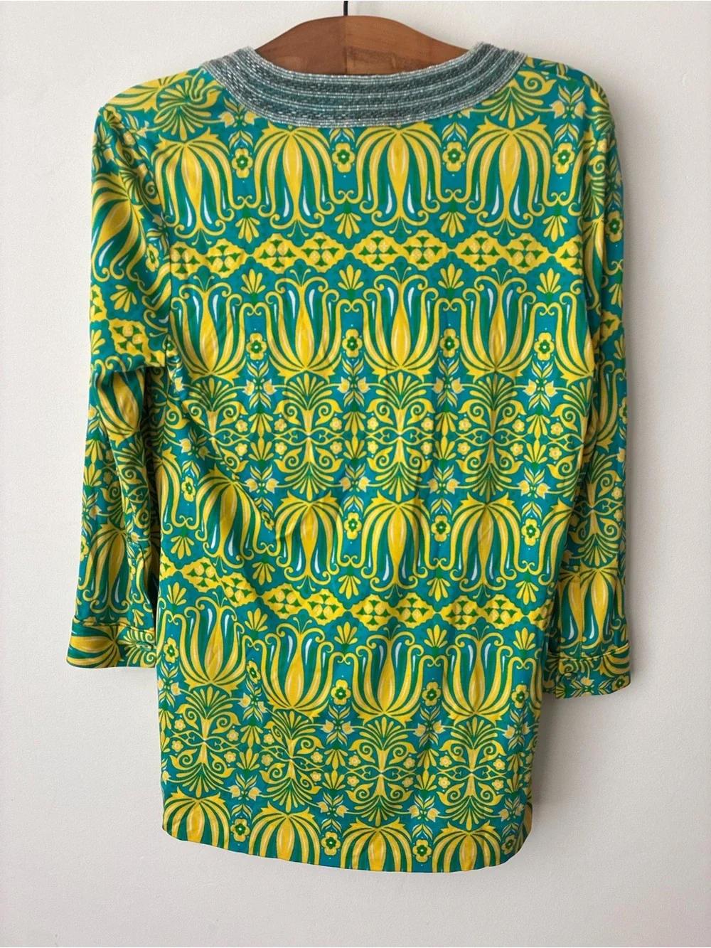 Tory Burch Top Women’s Medium 100% Silk Beaded Blouse Resort Wear Caftan Tunic